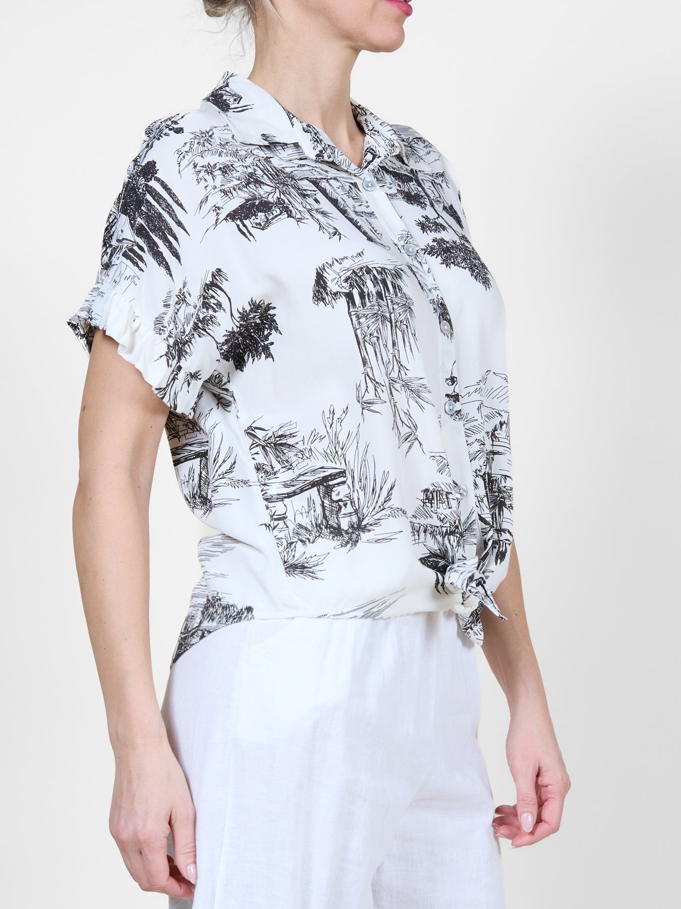 Midnight Tropical Print Button-Up Blouse with Tie Hem