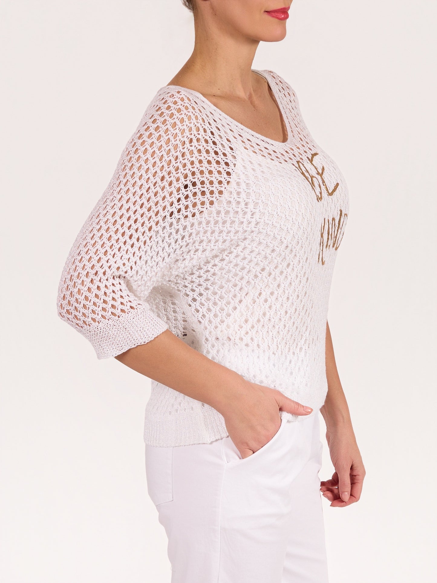 White V Neck Short Sleece BE KIND Crochet Pullover