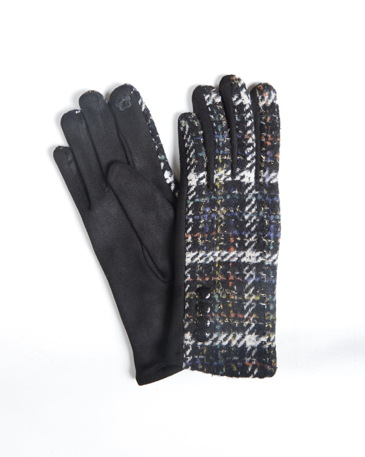 Black Gloves with Woven Tweed Panel and Buttons