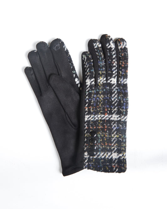 Black Gloves with Woven Tweed Panel and Buttons