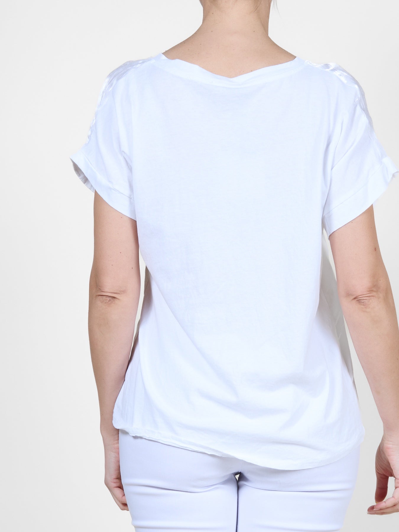 White Drop Shoulder Combo Knit Shimmer Top
