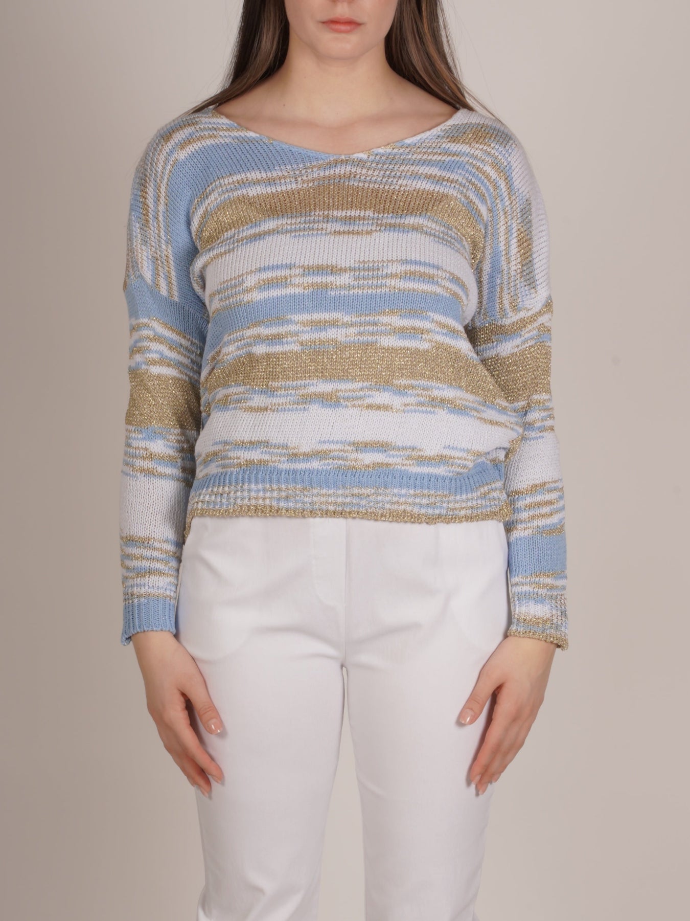 Sky Blue Marble Knit V-Neck Long Sleeve