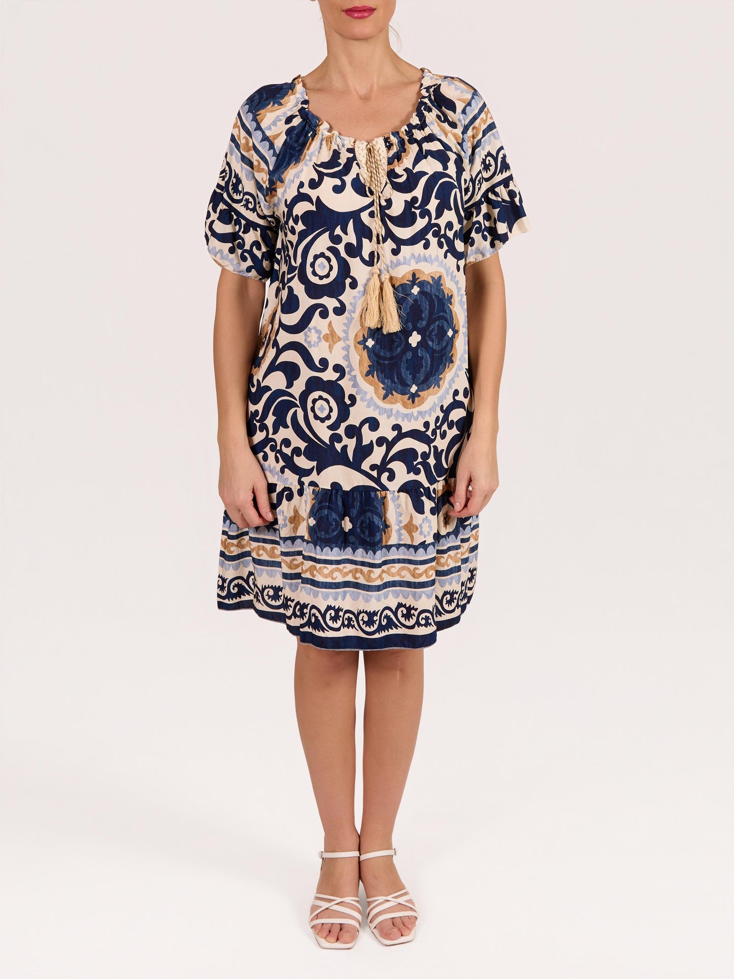 Midnight Boat Neck Short Sleeve Lurex Tassel Paisley Floral Peasant Dress