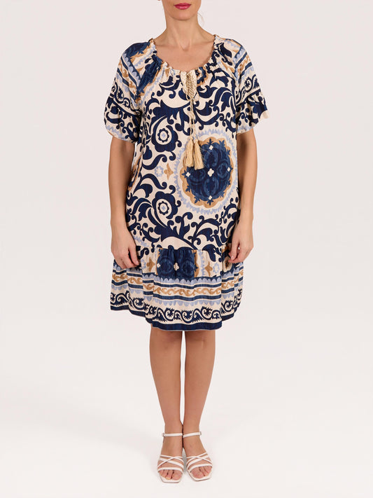 Midnight Boat Neck Short Sleeve Lurex Tassel Paisley Floral Peasant Dress