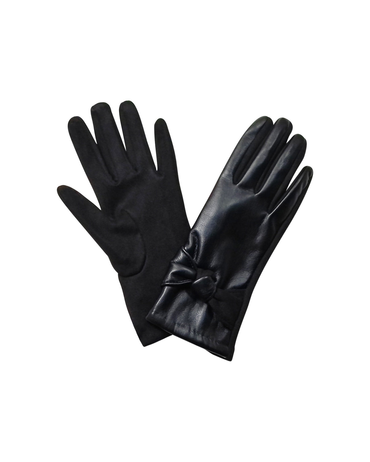 Black Faux-Leather Touchscreen Gloves with Bow Detail