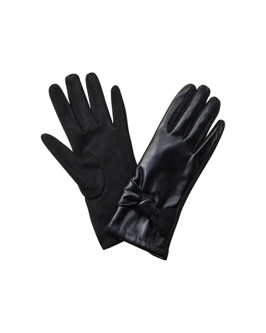 Black Faux-Leather Touchscreen Gloves with Bow Detail