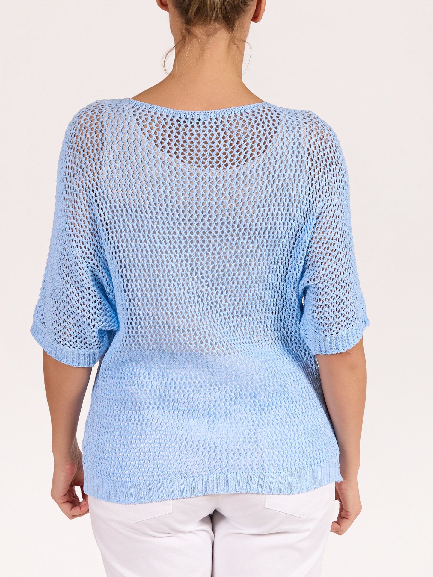 Blue V Neck Crochet Heart Pullover