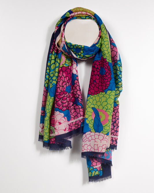 Floral Print Scarf with Vivid Hues and Deep Navy Background