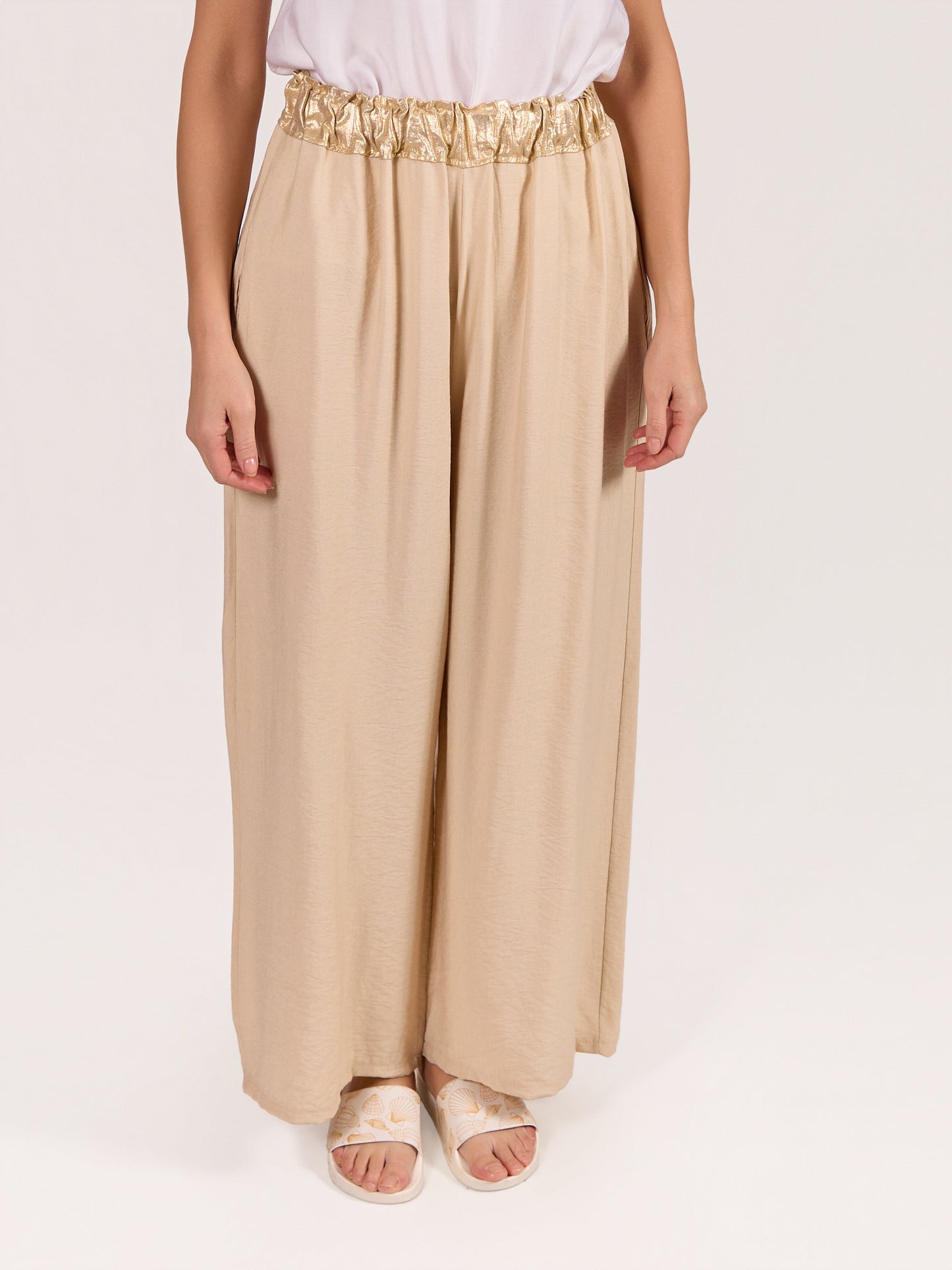 Beige Pull On Foil Waist Wide Leg Pant