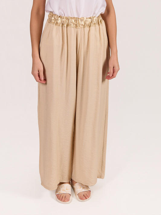 Beige Pull On Foil Waist Wide Leg Pant