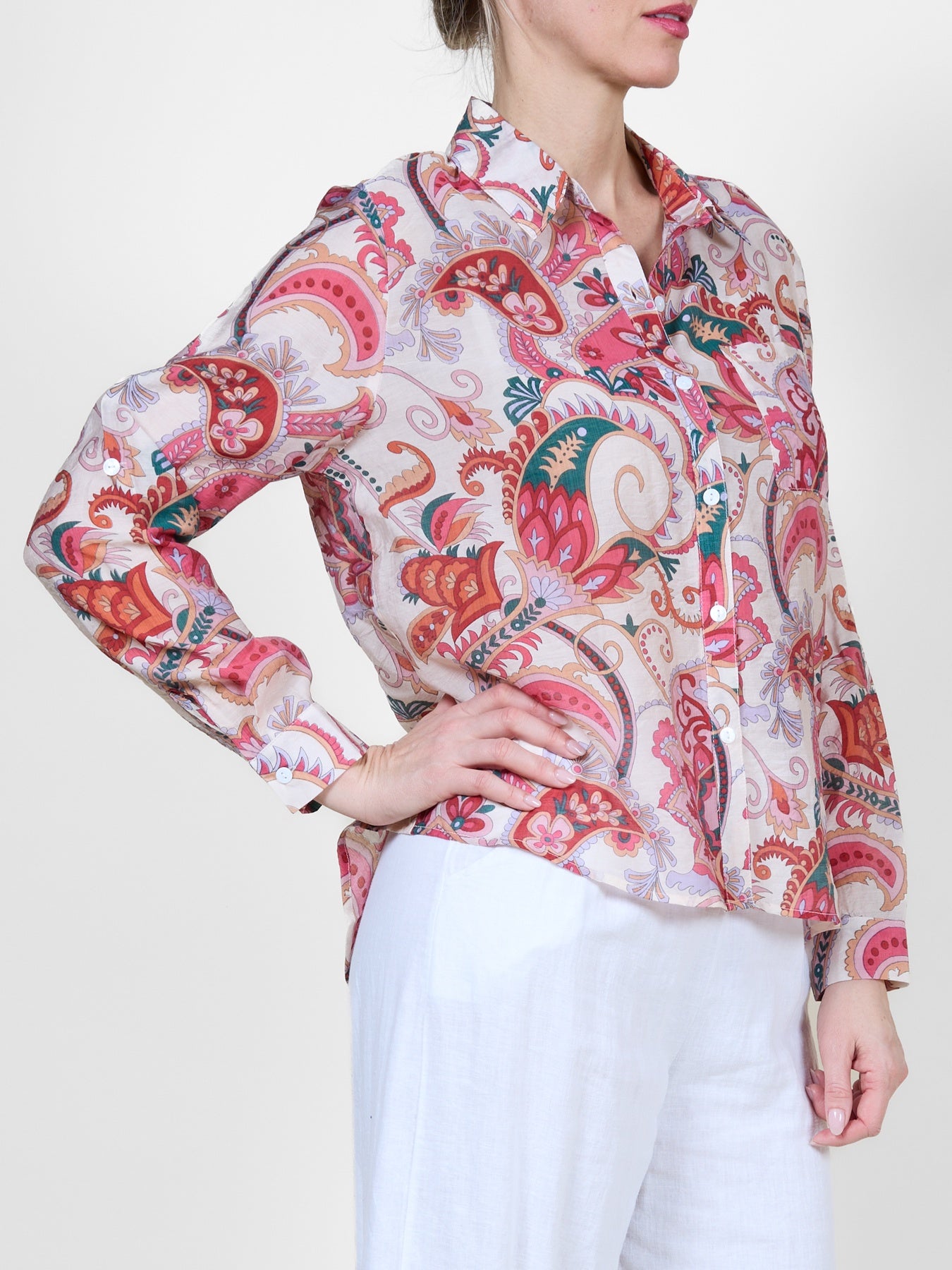 Watermelon Roll Up Sleeve Button Front Paisley Blouse