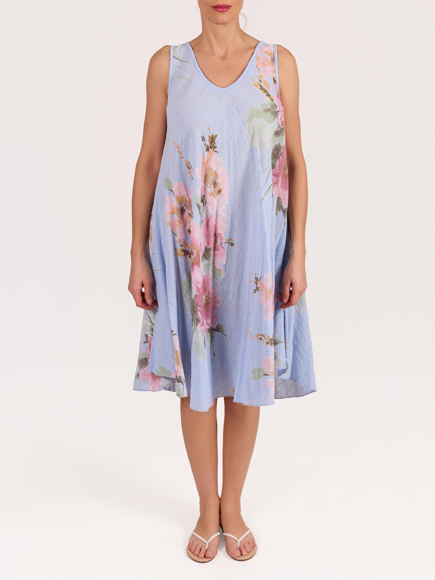 Robe Bleue Sans Manches Évasée Ligne A à Imprimé Floral