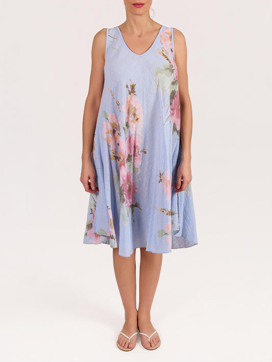 Blue Sleeveless Flare A-Line Floral Print Dress