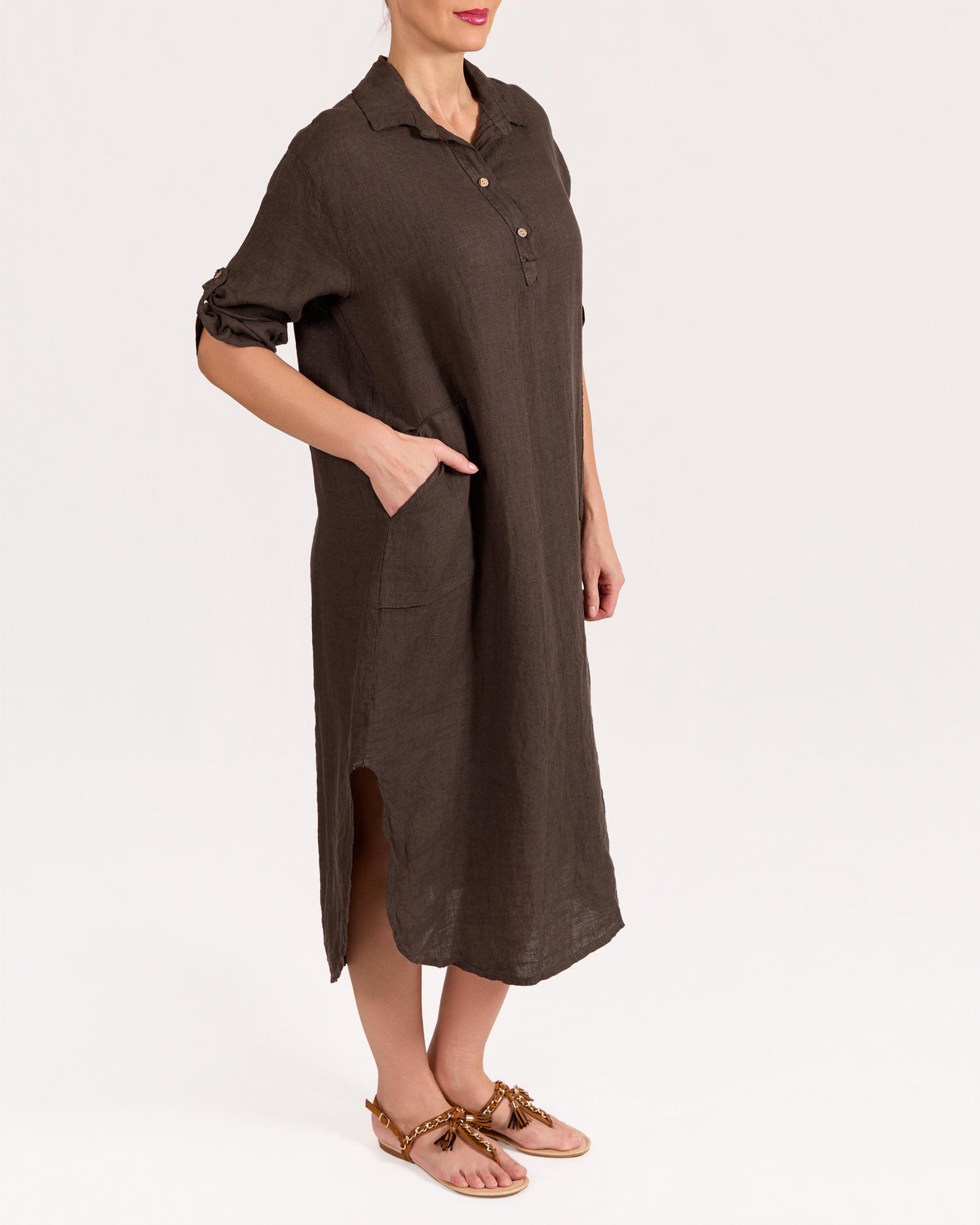 Espresso Roll Up Sleeve Placket Front Dress