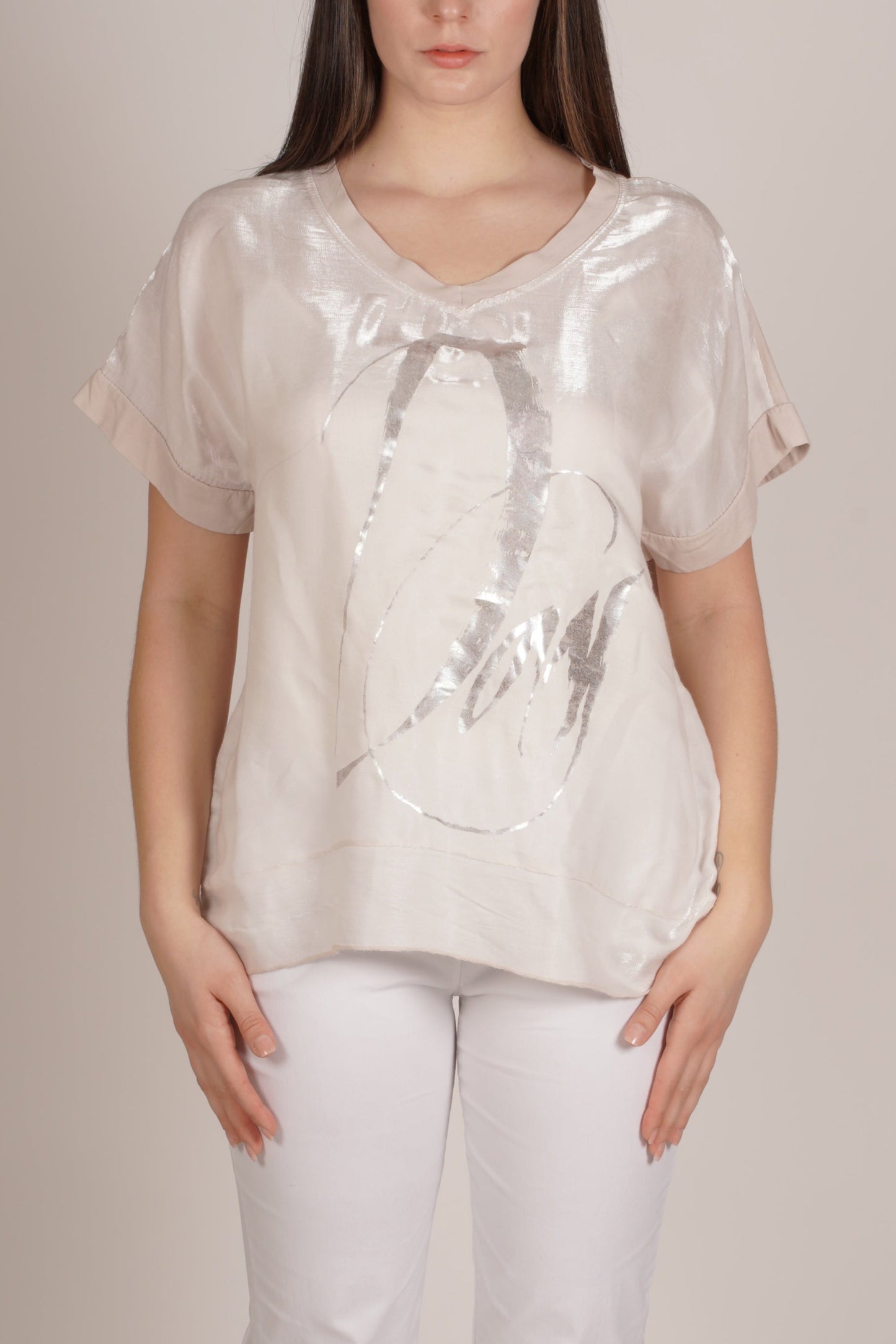 Beige Drop Shoulder Combo Knit Shimmer Top