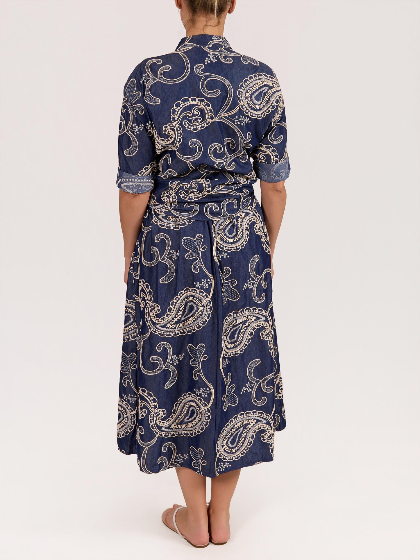 Denim Blue Button Front 3/4 Embroidered Shirt