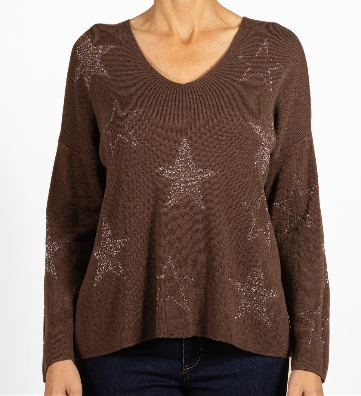 Espresso V NeckDrop Shoulder Allover Lurex Stars Pullover