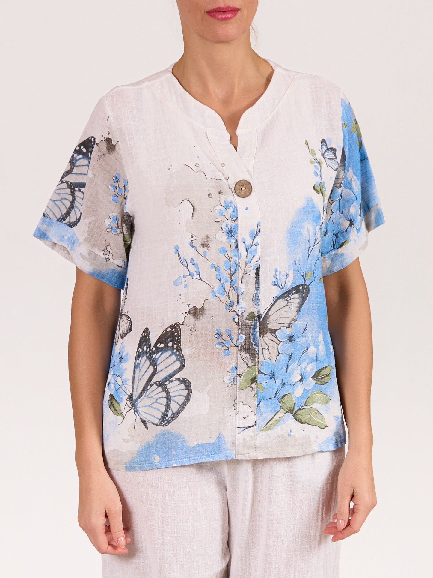 White Short Sleeve 1 Button Butterfly Border Print Shirt